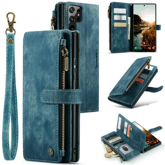 for Samsung Galaxy S22 Ultra Case Wallet for Women and Men, Samsung Galaxy S22 Ultra Case, PU Leather Magnetic Flip Strap Wristlet Zipper Card Holder Wallet Business Phone Cover for S22 Ultra, Blue