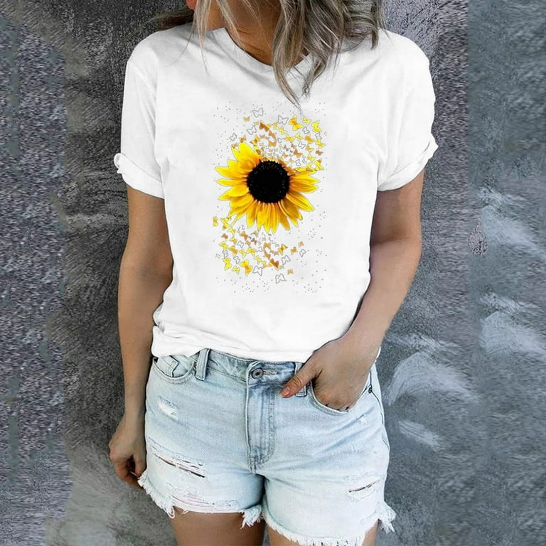 T Shirts for Women Short Sleeve Crew Neck T Shirt Sunflower Print