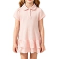 thumbnail image 2 of Girls A Line Ruffle Hem Polo Uniform Dress Short Sleeve Solid Pique Cotton for Kids School Summer Daily Casual Outfit Pink 130, 2 of 5