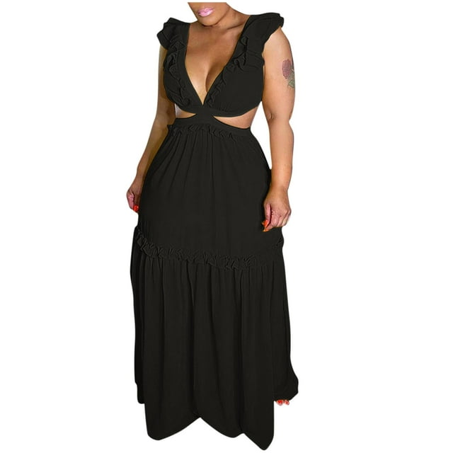 Vestido largo de gasa con lazo sin mangas y escote en V profundo sexy para mujer Pompotops ghjkhdj9714