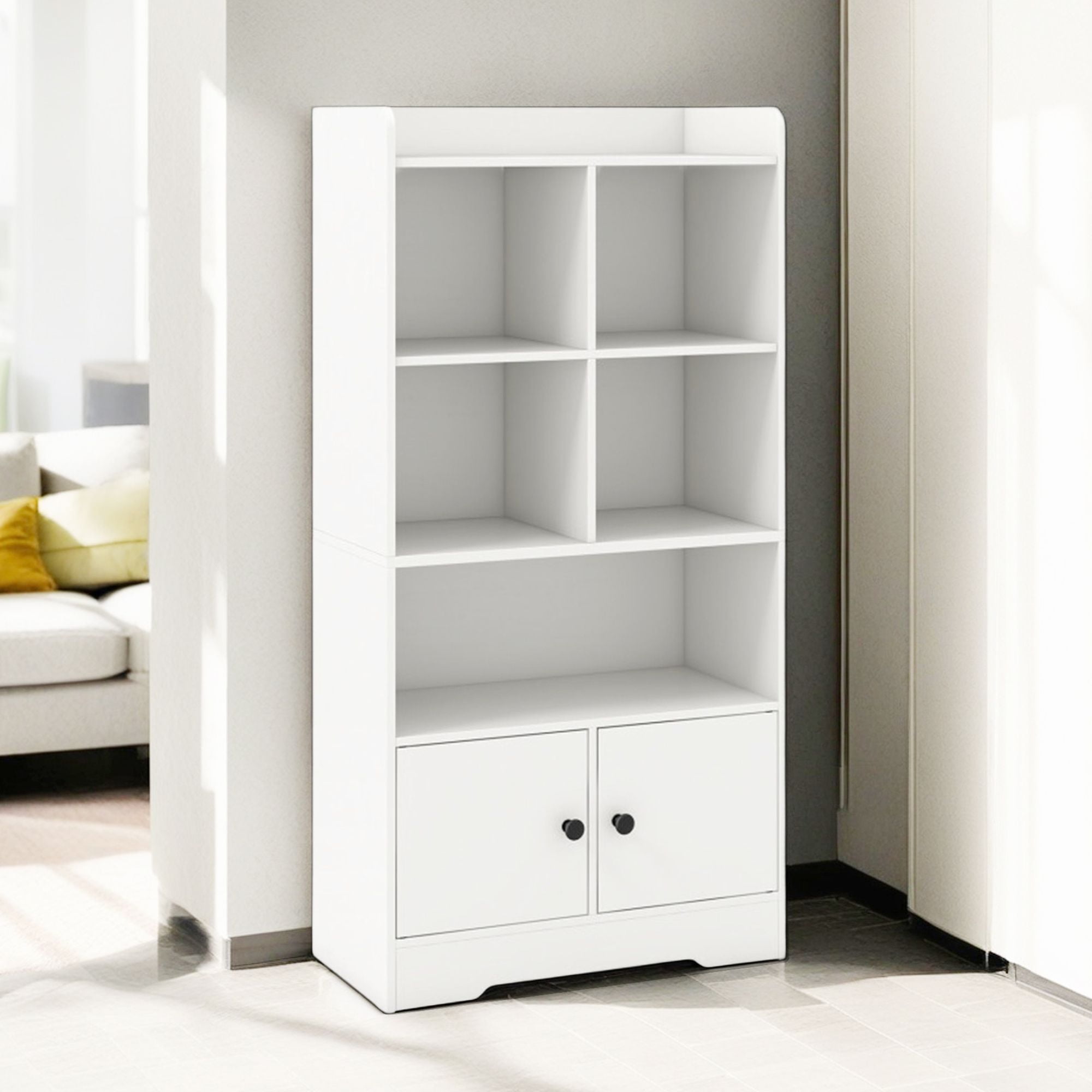 Demi Bonn 4 Tiers Wood Storage Bookcase with 4 Cubes Display Shelf and 2 Doors, White