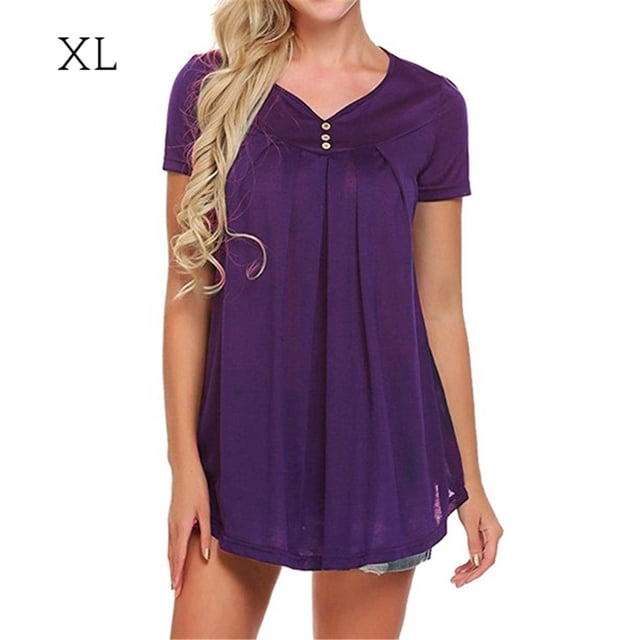 Camiseta de mujer de manga corta con cuello en V y blusa suelta plisada, morado, XL tholdsy AP001587-08