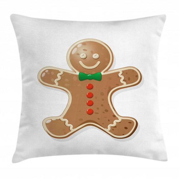 Gingerbread Man Throw Pillow Cushion Cover, Iconic Seasonal Baked Pastry Sugary Treats for Kids Joyous Fun Xmas, Decorative Square Accent Pillow Case, 18 X 18 Inches, Caramel Red Green, by Ambesonne