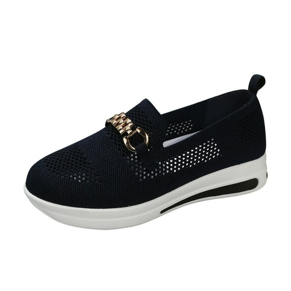 HBFAGFB Sneakers for Women Ladies Fashion Mesh Breathable Round Toe Thick Sole Slip on Shoes Navy Size 36
