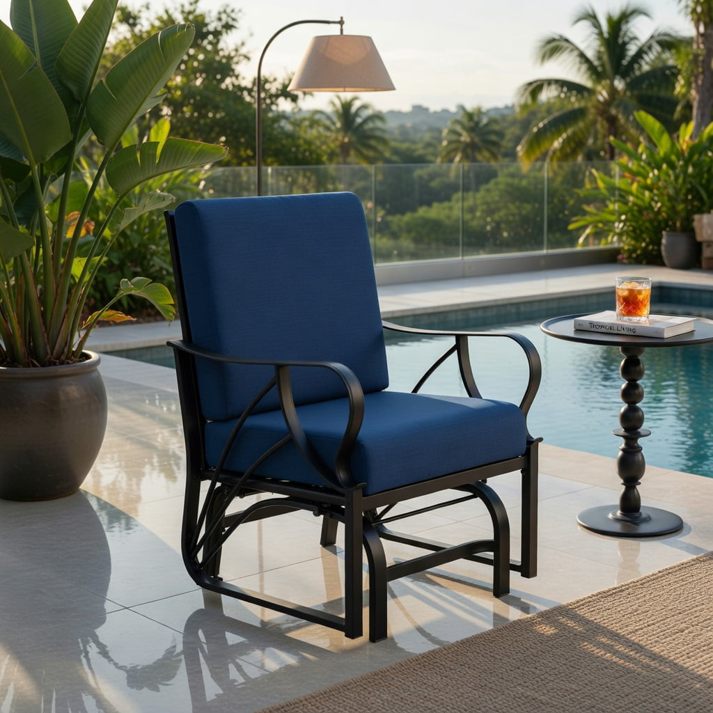Hommoo Outdoor Glider Rocking Chair with Thick Cushioned Seat, Curved Armrests, Sturdy Metal Frame, Patio, Deck, or Porch Relaxation Chair, Navy