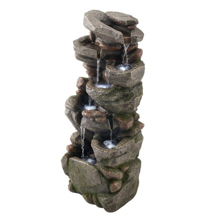 VEVOR Outdoor Water Fountain, 38.98 in Height Fountain and Waterfall, 7-Tier Floor Standing Rock-Shaped Cascading Fountains with LED Light and Pump, for Outdoor Indoor Garden, Home, Patio & Backyard