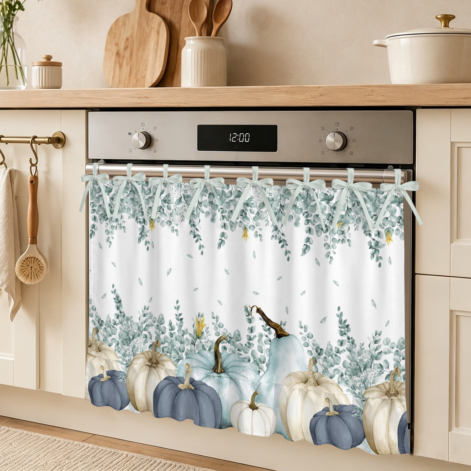 Fall Watercolor Oven Skirt Curtain Blue Thanksgiving Pumpkin Eucalyptus Leaf Tie Top Tier Curtains Stove Dishwasher Skirt Small Window Drapes for Kitchen Bathroom Cafe 27 x20
