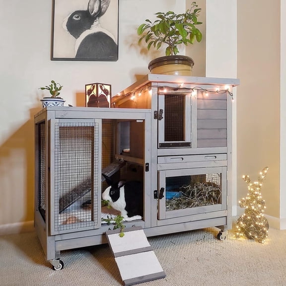 Aivituvin Wooden Bunny Hutch Indoor& Outdoor Rabbit Hutch Guinea Pig Cage for Small Animals with Trays (Grey)
