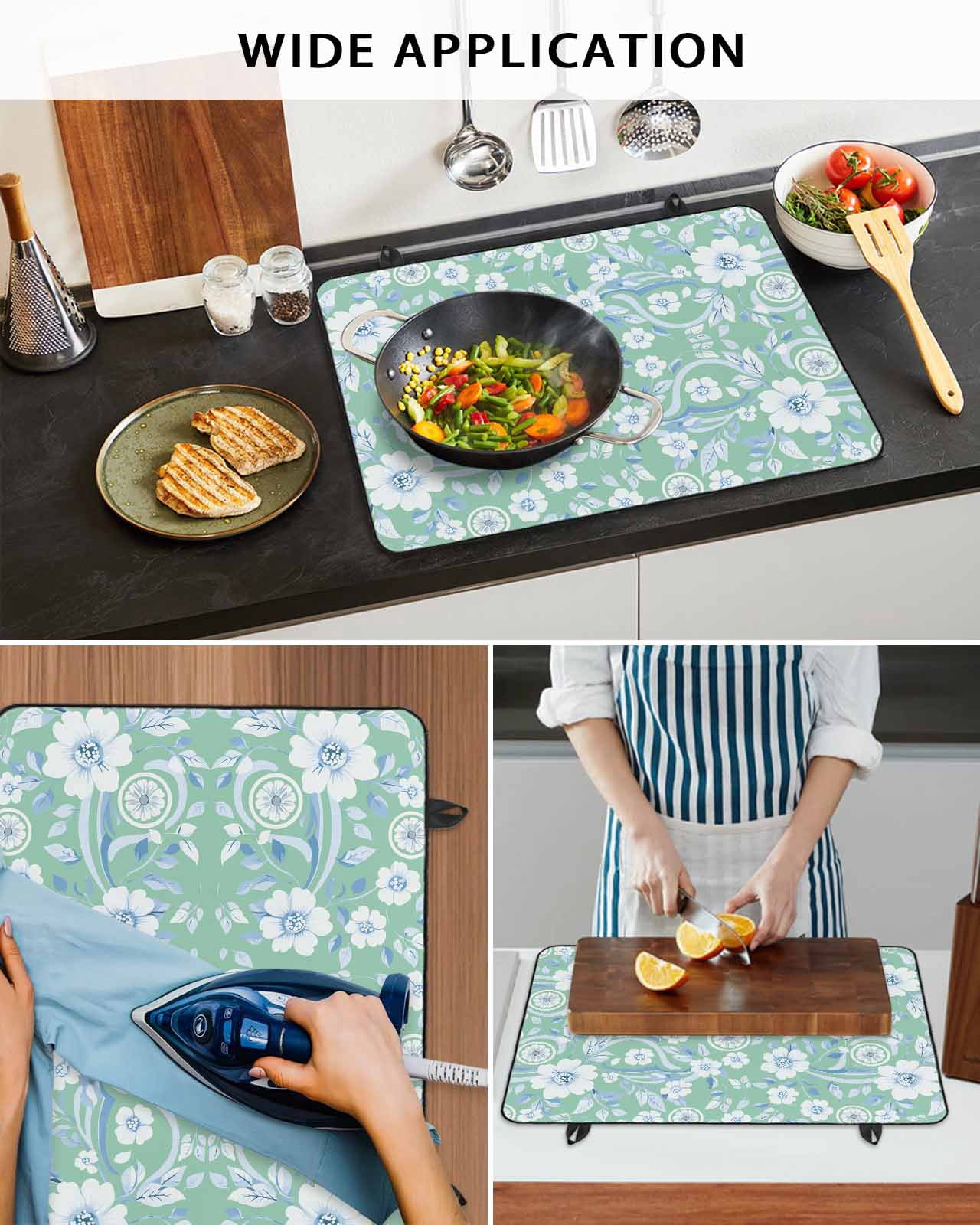 nqOlkjepod Large Induction Cooktop Protector Mat 24"x21", Light Green Blue Floral Stove Top Covers for Electric Stove, Vintage Pastoral Botanical Stove Burner Cover Mats, Glass Top Stove Cover