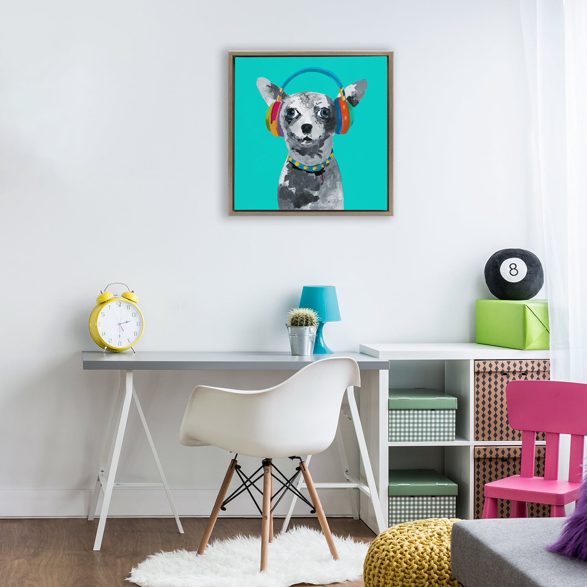 Stupell Industries Jammin' Pup on Blue Brown Framed Floater Canvas Wall Art, design by Lorenzo Collective