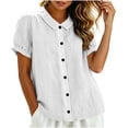 thumbnail image 4 of Yutgune Women's Trendy Cotton Linen Top Casual Solid Color Short-Sleeved Button-Down Blouse Collar Shirt, 4 of 9