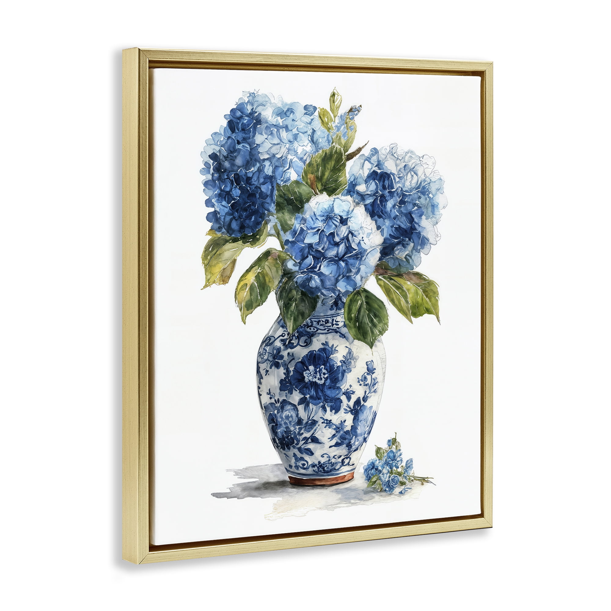Stupell Industries Porcelain Vase with Hydrangea Bouquet Gold Framed Floater Canvas Wall Art, design by Imagine It Images