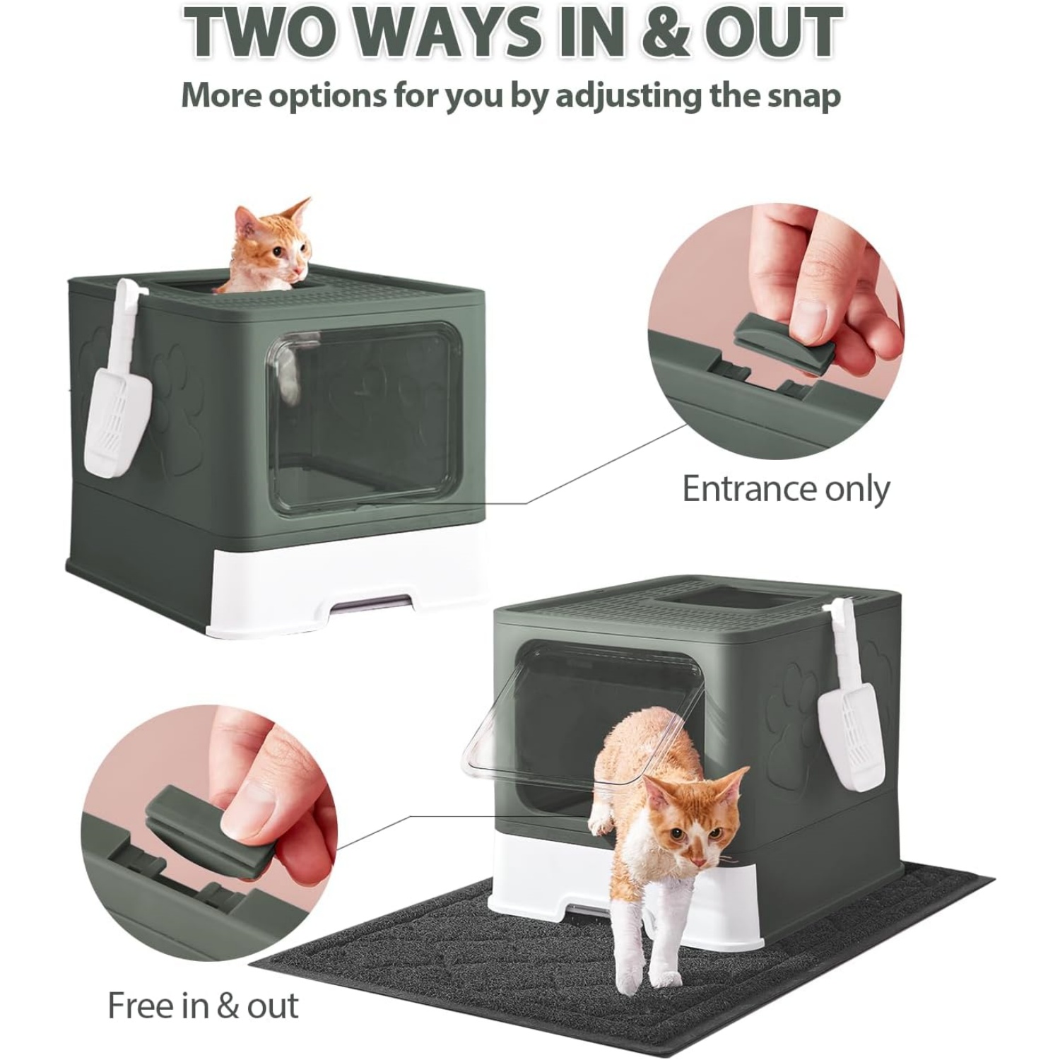 Cat Litter Box with X-Litter Mat and Scoop, Large Foldable Litter Box with Lid, Enclosed Kitty Box,Front Top Entry Exit, Odor Control Easy to Clean (Upgrade Olive Green)