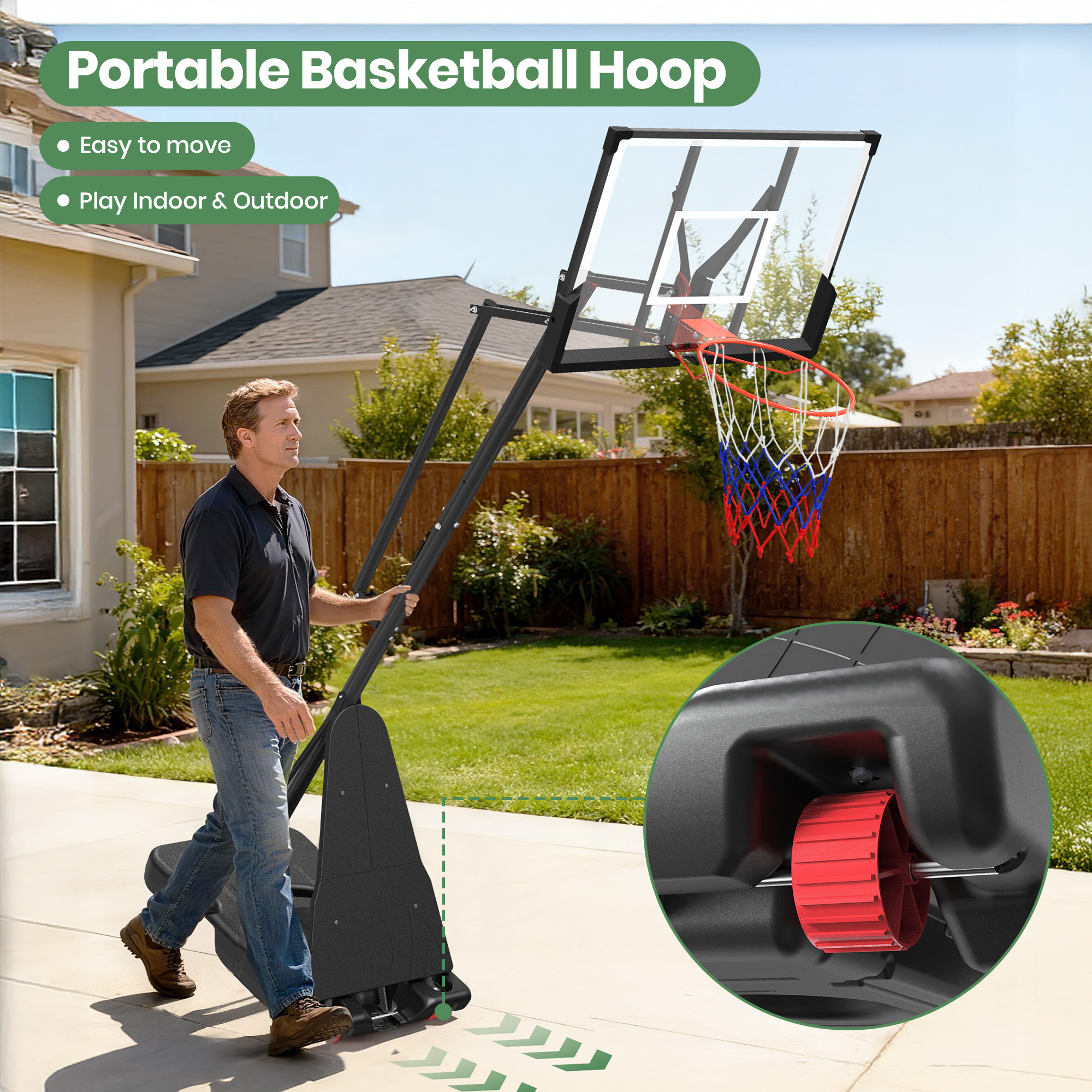 GVDV Portable Basketball Hoop with 44" Shatterproof Backboard, Adjustable Height 4.5-10 ft for Kids, Teens & Adults, Indoor and Outdoor Use​