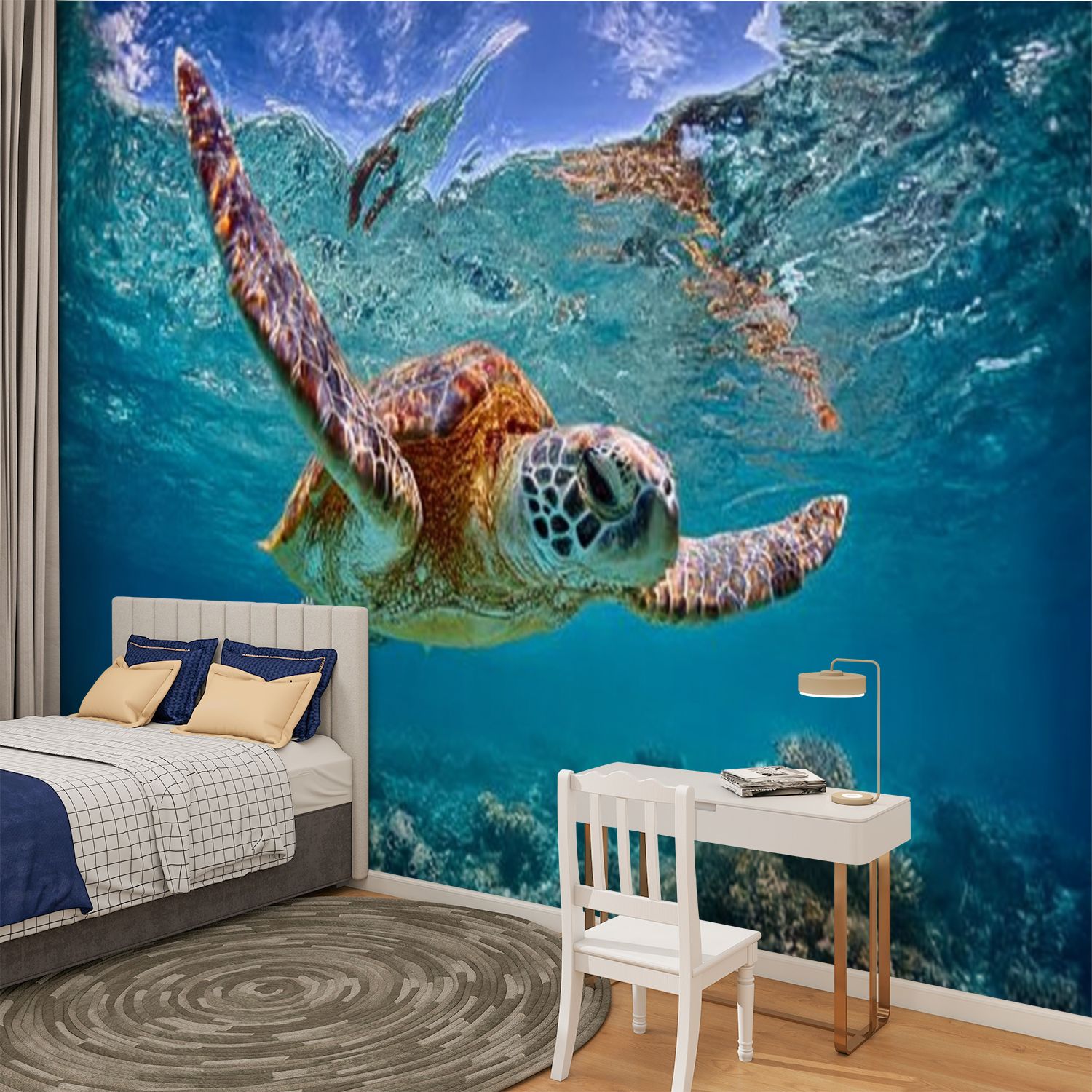 Peel and Stick Wallpaper Green sea turtle swimming below ocean s surface Modern Art Wall Mural Decor Self Adhesive and Removable 100in x 144in