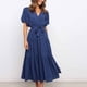 thumbnail image 2 of Gibobby Vestido Causal para Mujer de Verano Vestido de empalme de manga acampanada con cordones y cuello en V de color sólido de moda informal para mujer(Azul oscuro,M), 2 of 5