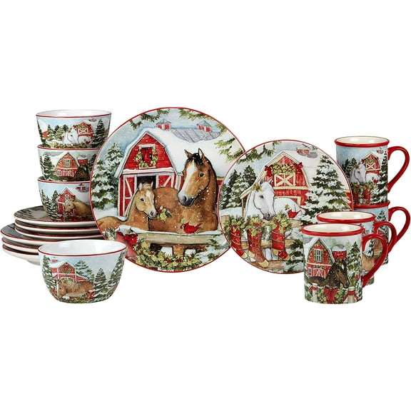 Homestead Christmas 16-Piece Dinnerware Set – Holiday Tableware for 4 with Festive Horse & Barn Scenes – Winter Ceramic Plates, Bowls & Mugs – Farmhouse Country Christmas Décor
