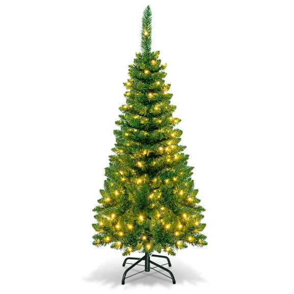 RTRWDC 4.5ft Pre Decorated Pencil Christmas Tree - Green 150 Warm White LED Lights 226 Branches Cross Iron Frame Suitable for Home/Commercial Use