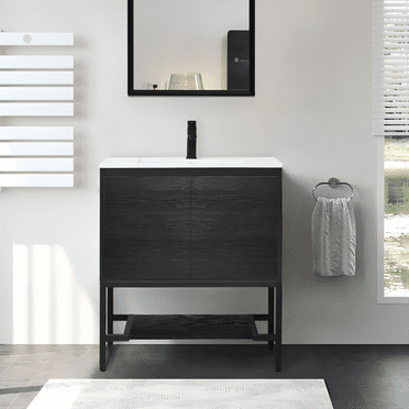 Eclife 30" Freestanding Bathroom Vanity Set with Ceramic Sink Top, Metal Frame, Power Bar