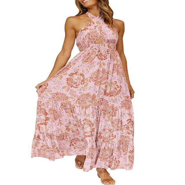 OUSITAID Femmes Été Casual Robe Licol Cou Boho Plage Robe Creuse Out Manches Dos Volants Robe Longue