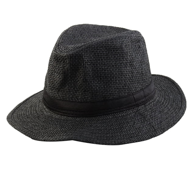 Men Summer Outdoor Straw Braided Wide Brim Western Style Beach Sunhat Cowboy Hat Black