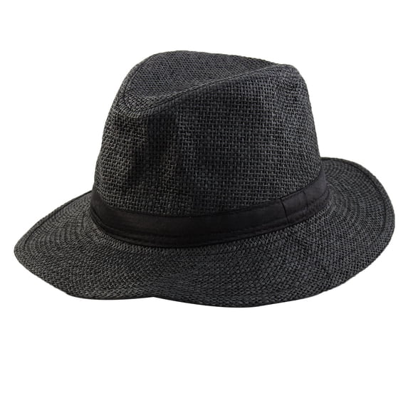 Men Summer Outdoor Straw Braided Wide Brim Western Style Beach Sunhat Cowboy Hat Black