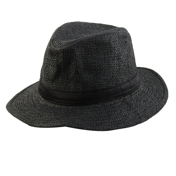 Men Summer Outdoor Straw Braided Wide Brim Western Style Beach Sunhat Cowboy Hat Black