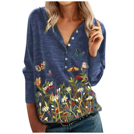 

Ichuanyi Womens Fall Tops Clearance Women Long Sleeve Flowers Printing Leisure Time V-Neck Tops T-Shirt Blouse