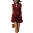 thumbnail image 3 of Women's 2 Piece Outfit Sleeveless Button Down Vest Top and High Waist Shorts Set, Textured Wrinkle Fabric Casual Matching Set, Loose Fit Summer Lounge Wear Wine XS, 3 of 6