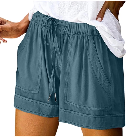 QSAWXQZ Women's Plus Shorts with Pockets Elastic Waist Drawstring Solid Loose Stretchy Summer Shorts Navy M