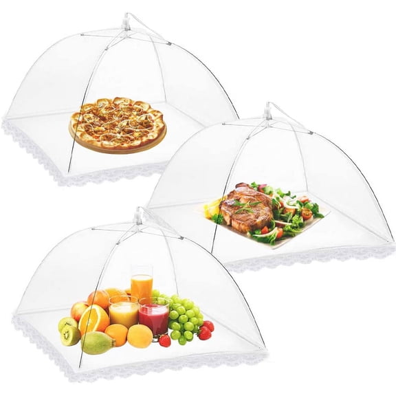 3 Pack Food Covers 14 Inch Pop-Up Encrypted Mesh Plate Serving Tents, Fine Net Screen Umbrella for Outdoors, Parties, Picnics, BBQs, Reusable and Collapsible