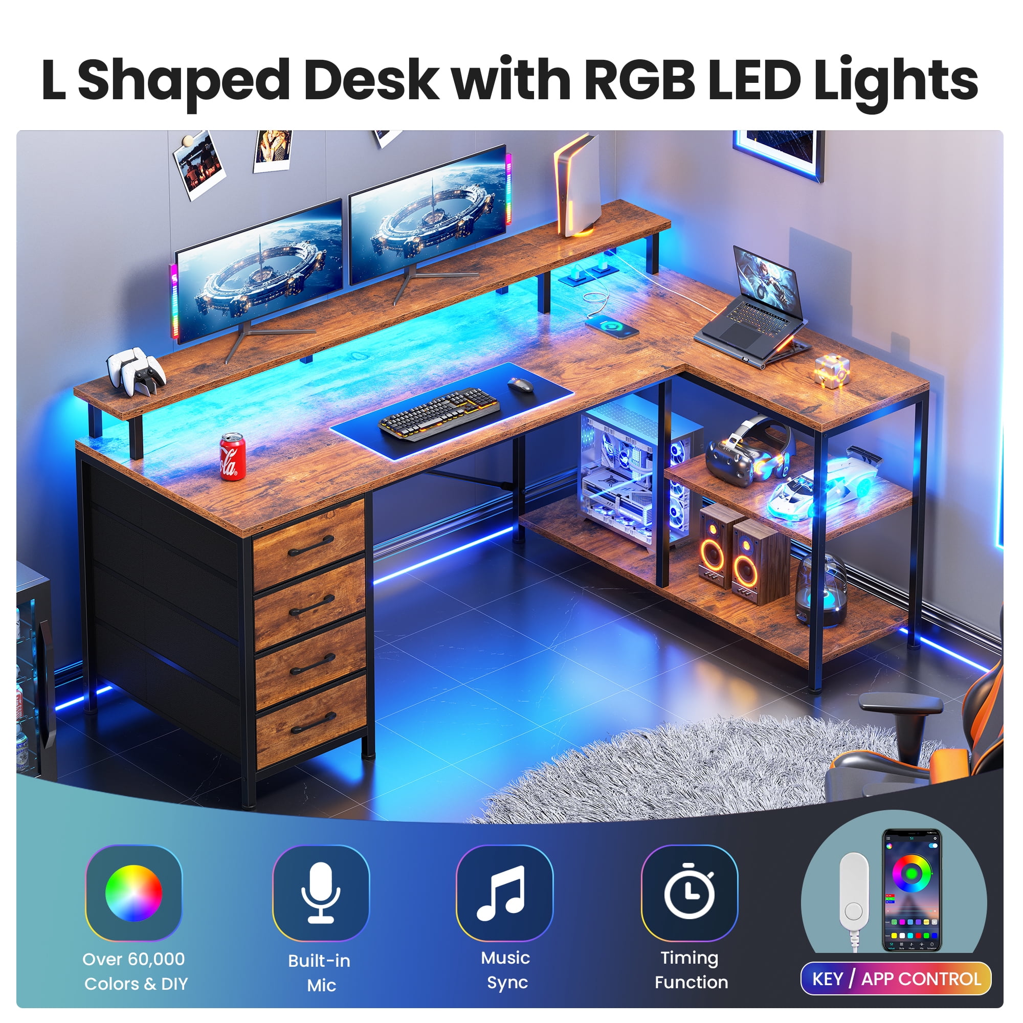 47" Gaming Desk with Power Outlets & LED Lights, L Shaped Desk with Fabric Drawers & CPU Stand, Corner Computer Desk with Open Shelves for Small Space, Rustic Brown