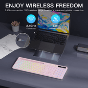 Wireless Keyboard with 7-Color RGB Backlit, Marvo Full-Size Computer Keyboard with Phone Tablet Holder, Rechargeable 2.4G Wireless Gaming Keyboard with Light Up Keys, Compatible with Mac,Window, Pink
