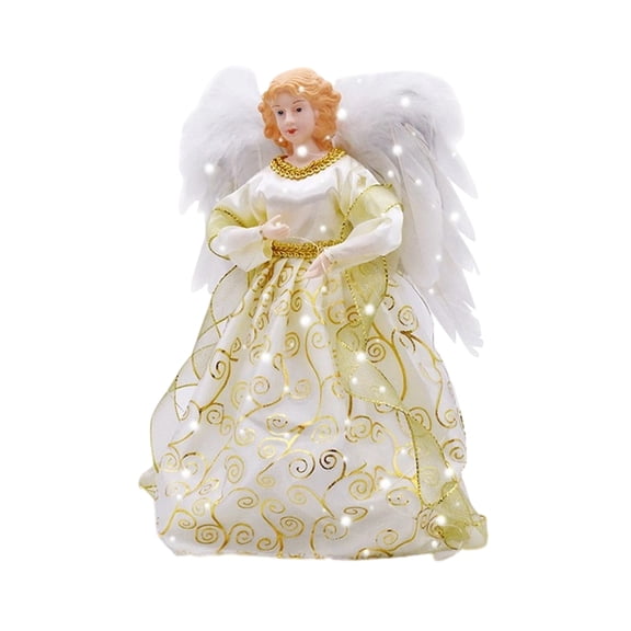 Angel Treetop Figurine Angel Christmas Tree Topper with White Feather Wing Handmade Xmas Treetop Christmas Decor for Wedding Holiday Party Supplies Christmas Trees Ornament 12 Inch