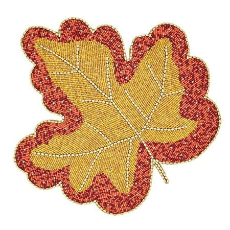 

Fennco Styles Hand Beaded Maple Leave Placemat 15 Round 1- Piece - Orange Holiday Table Mat for Home Décor Family Gathering Banquets Thanksgiving and Special Occasion
