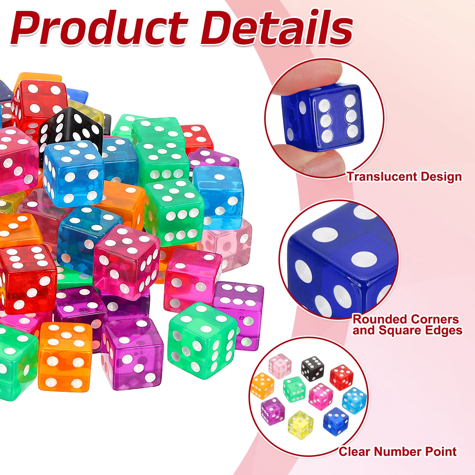100Pack 19mm/0.75" Acrylic Translucent Rounded Edge D6 Dice, Blue