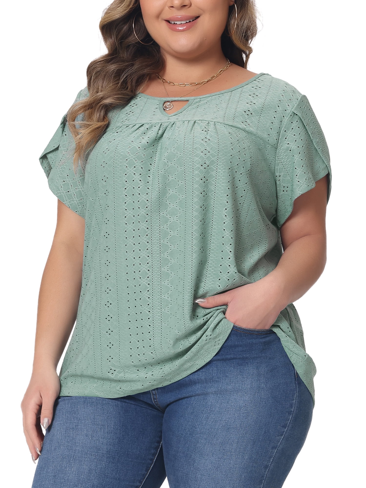 Women's Plus Petal Sleeve Keyhole Neck Loose Fit Casual Top for Women 2X Green