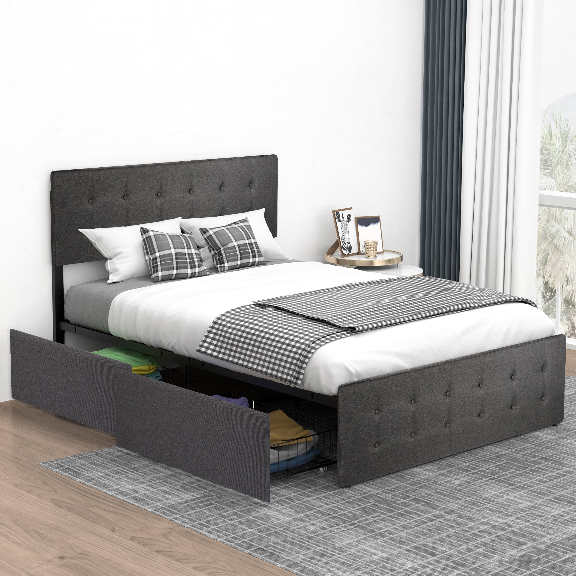 Leeten Queen Size Gray Bed Frame with 4 Storage Drawers, No Box Spring