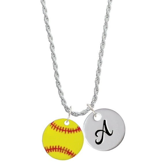 Delight Jewelry 3/4'' Enamel Softball Silvertone Script Initial Disc - A - Charm Necklace, 20" 3"