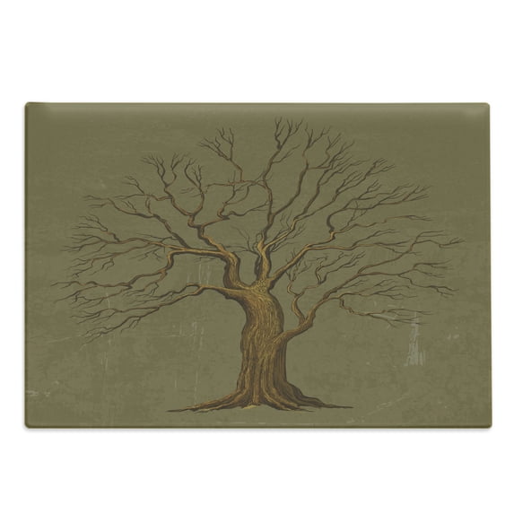 Tree Cutting Board, Illustration of a Big Tree on Antique Old Paper Vintage Style Art Design Print, Decorative Tempered Glass Cutting and Serving Board, Large Size, Olive Green, by Ambesonne