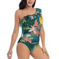 thumbnail image 3 of Salouo Hawaiian Style Pattern One Shoulder Ruffled One Piece Swimsuit for Women V Neck Swimwear Tummy Control Bathing Suit-Medium, 3 of 6