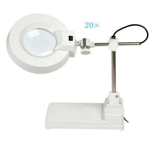 INTBUYING 20X Benchtop Magnifier LED Light Cross Holder White Glass Lens  Magnifying Lamp