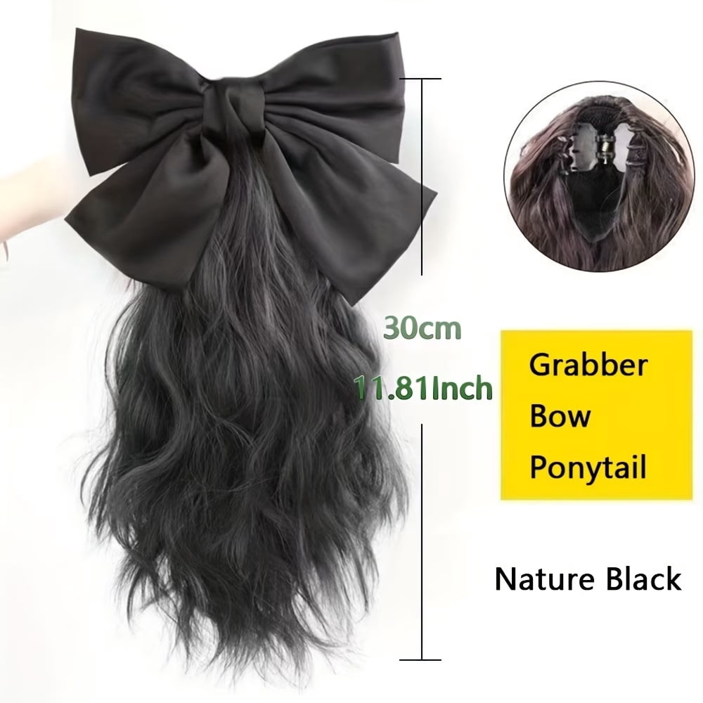 1pc, women's black ponytail hair piece with long wavy drawstring bow