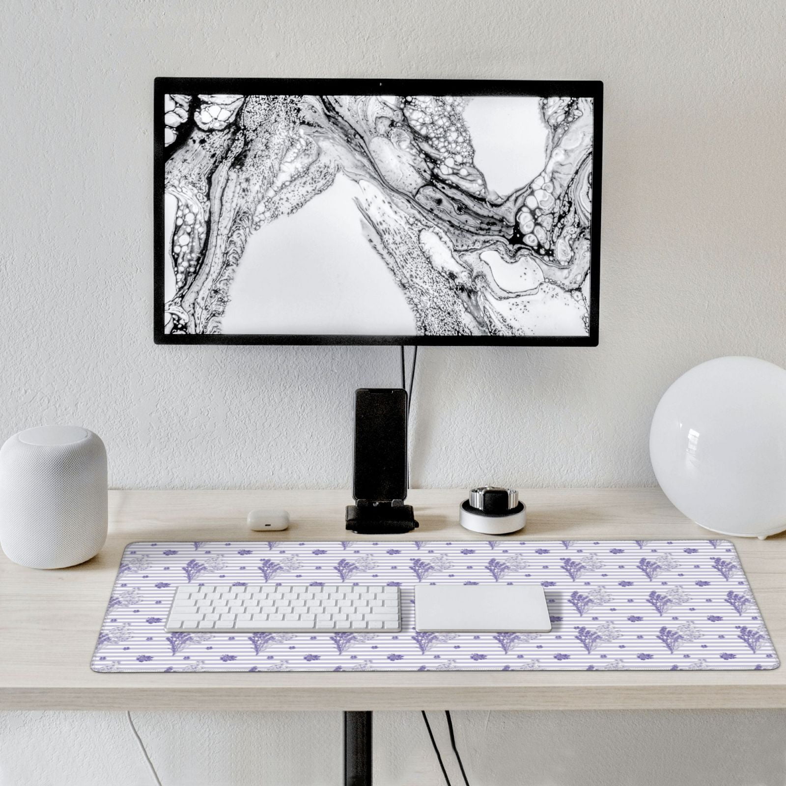 Xecao Stripes and Sprigs of Lavender Print Large Mouse Pad, 16x35.5in Mousepad, Professional Non-Slip Rubber Base Big Mouse Pad, Mouse Pad for Gaming & Office Full Desk Mouse Pad