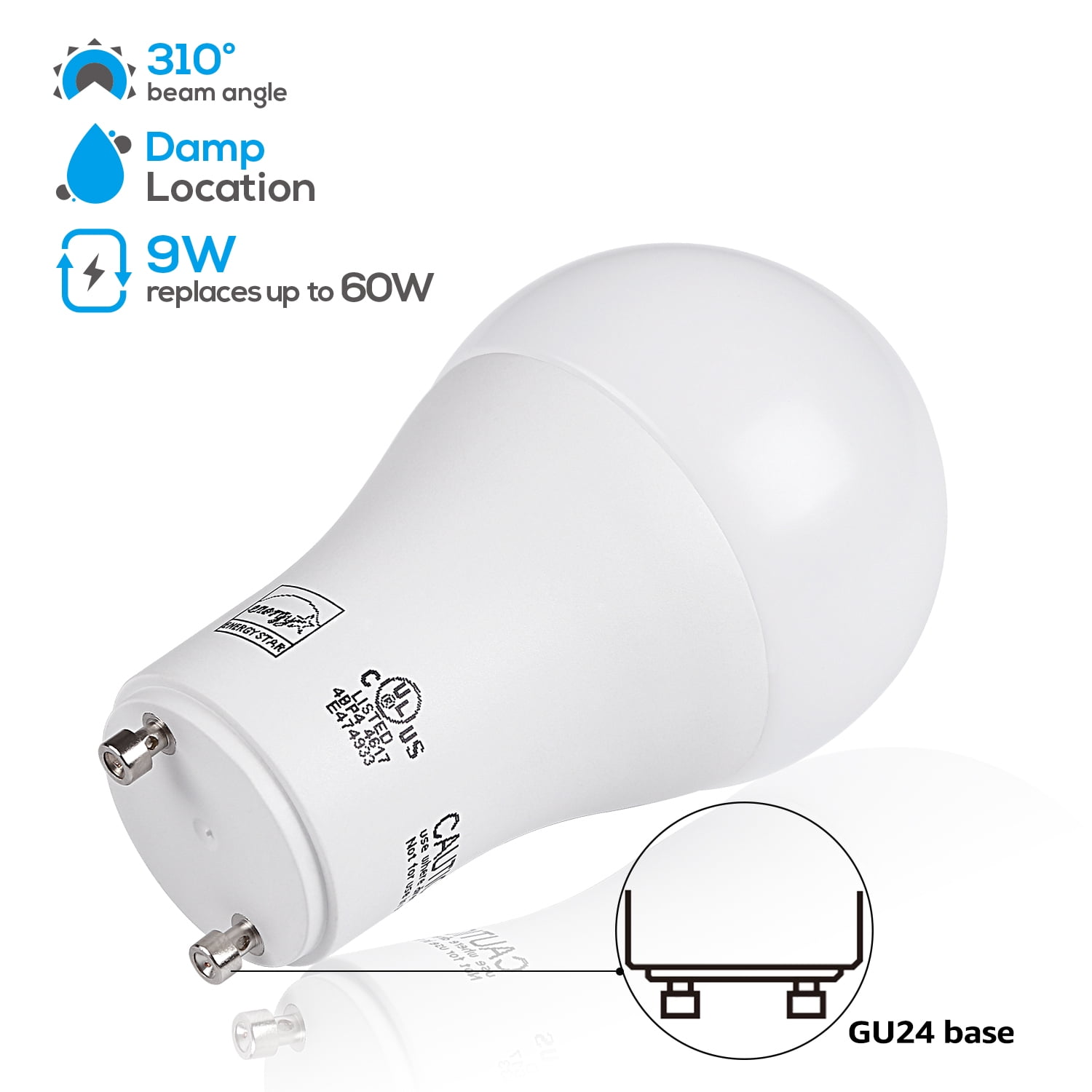 4 Pack 9W Dimmable A19 LED Light Bulb with GU24 Base, 60W Eqv. Energy Star & UL-Listed Lamp Bulb, 830 Lumens, 5000K Daylight, 310° Omni-directional General Lightin