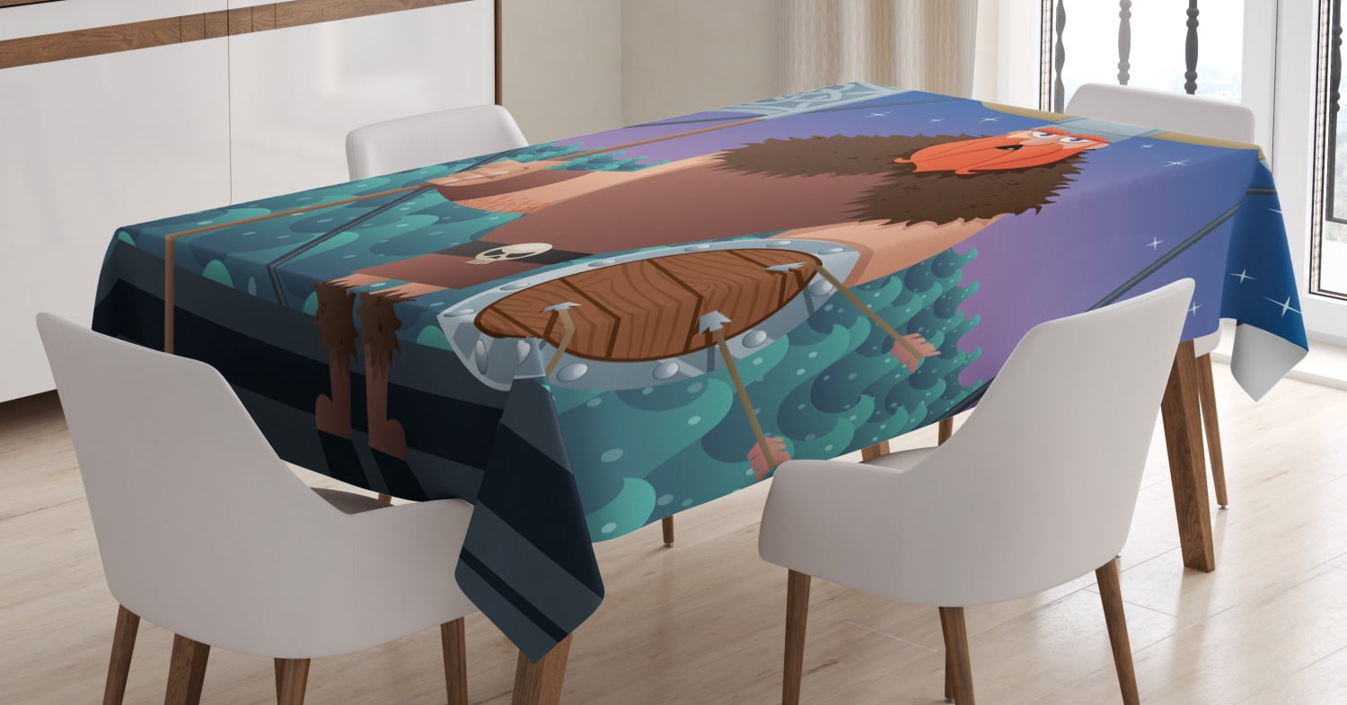Nordic Tablecloth, Cartoon Viking Character on Board of the Ship Fearless Warrior Figure and
