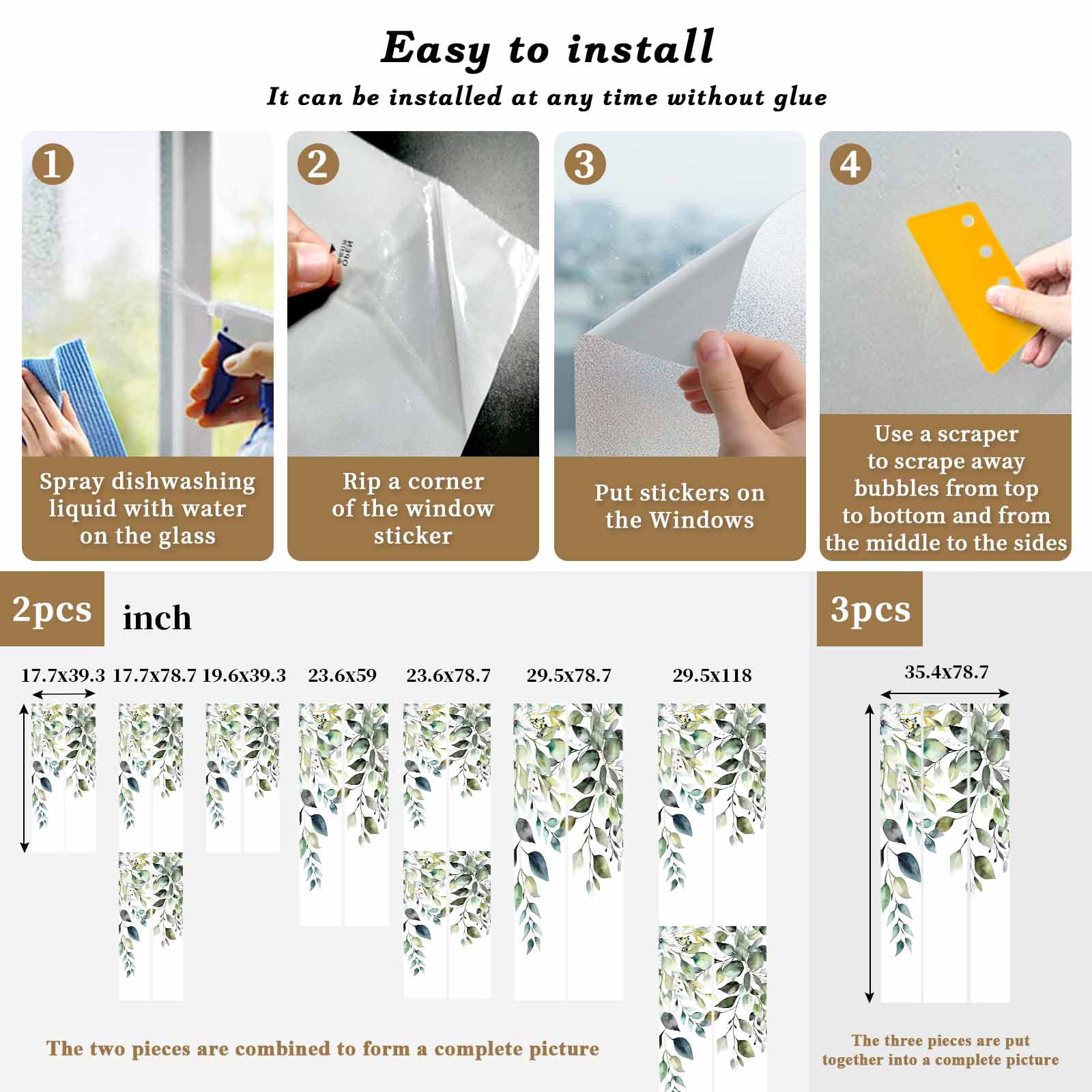 Eucalyptus Leaves Window Privacy Film, Watercolor Weeping Teal Botanical Static Cling UV Sun Blocking Tint Film Heat Control Windows Films for Bedroom Bathroom, Window Stickers 23.6"x59"