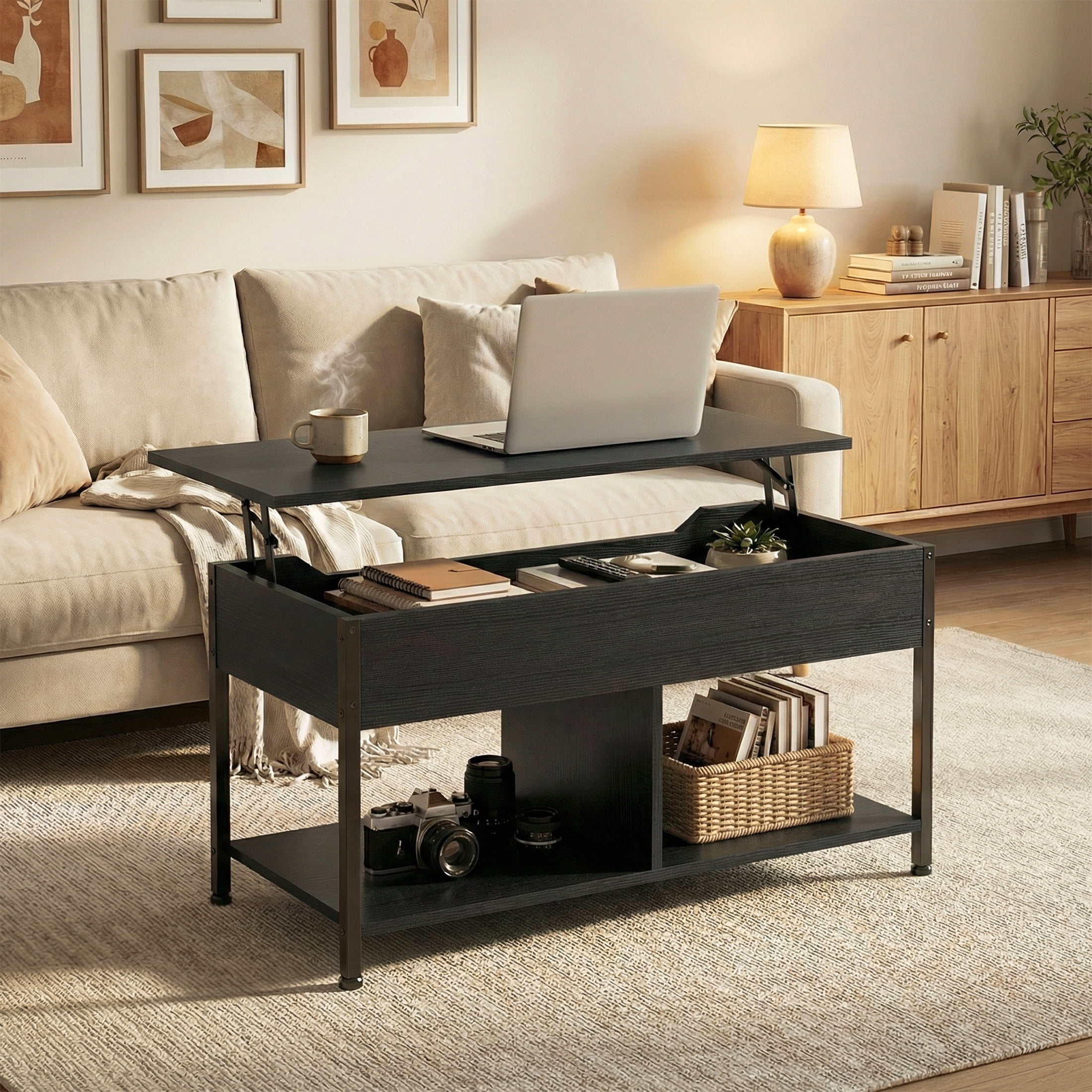 EDX Lift-Top Coffee Table , Adjustable Height Convertible Center Table with Storage, for Living Room, Black