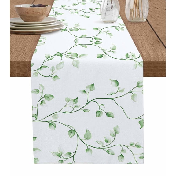 Sage Green Leaves Table Runner 72 Inches, Spring Watercolor Botanical Branches Bed Runner Dresser Scarves Tabletop for Indoor Outdoor Parties/Ceremony/Banquet, 13" x 72"