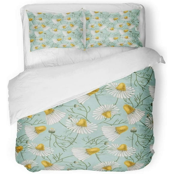 POGLIP 3 Piece Bedding Set Black Abstract Floral Pattern Chamomile Beautiful Cute Green Dark Fantasy Fun Twin Size Duvet Cover with 2 Pillowcase for Home Bedding Room Decoration